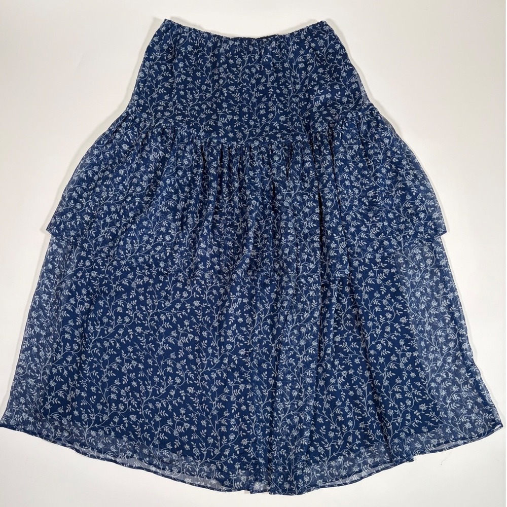 Lauren Ralph Lauren Women's M Blue Floral Tiered Midi Skirt Cottagecore Boho - Picture 2 of 6